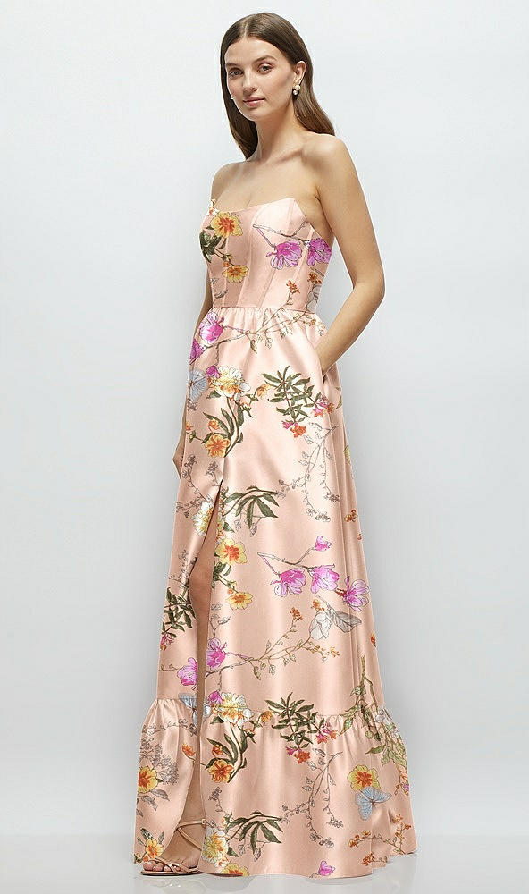 Front View - Butterfly Botanica Pink Sand Floral Strapless Cat-Eye Boned Bodice Maxi Dress with Ruffle Hem