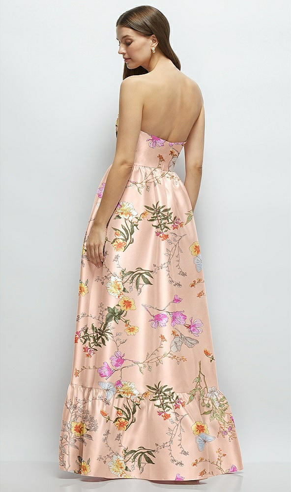 Back View - Butterfly Botanica Pink Sand Floral Strapless Cat-Eye Boned Bodice Maxi Dress with Ruffle Hem