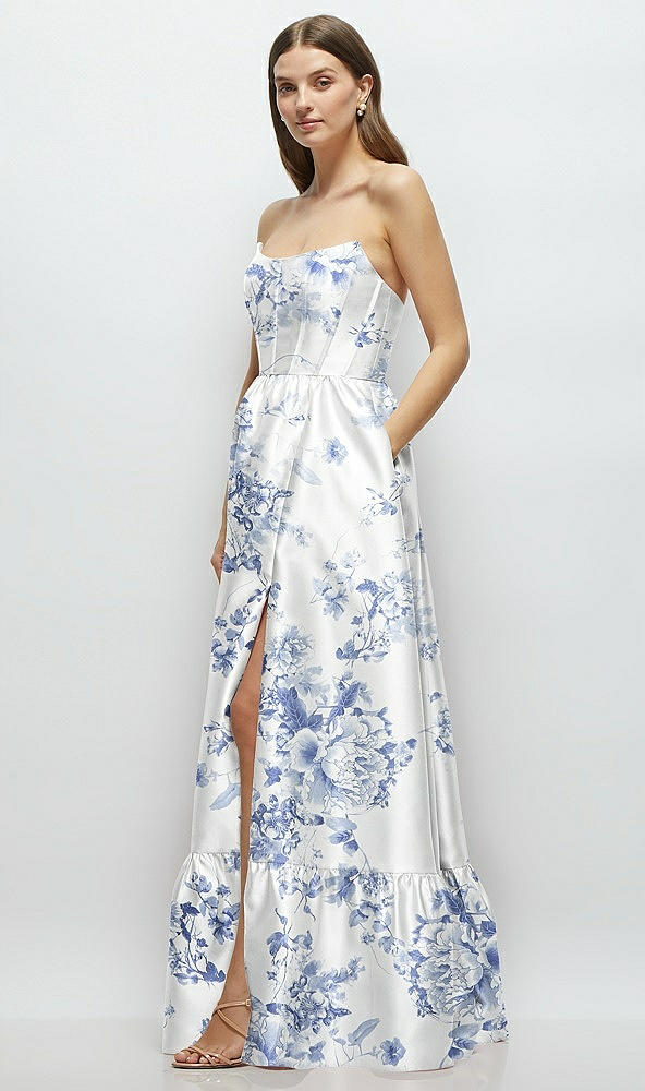 Front View - Cottage Rose Larkspur Floral Strapless Cat-Eye Boned Bodice Maxi Dress with Ruffle Hem
