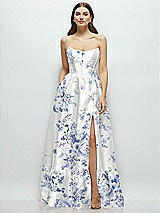 Side View Thumbnail - Cottage Rose Larkspur Floral Strapless Cat-Eye Boned Bodice Maxi Dress with Ruffle Hem
