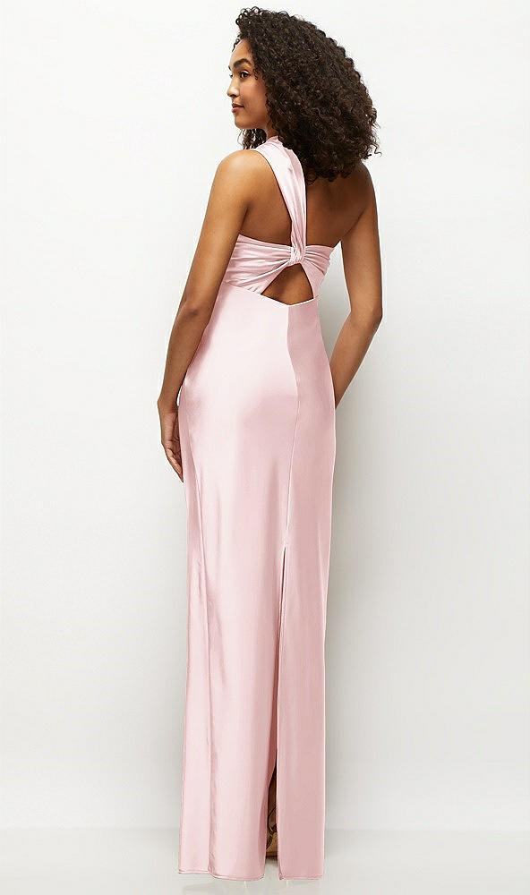 Back View - Ballet Pink Satin Twist Bandeau One-Shoulder Bias Maxi Dress