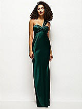 Front View Thumbnail - Evergreen Satin Twist Bandeau One-Shoulder Bias Maxi Dress
