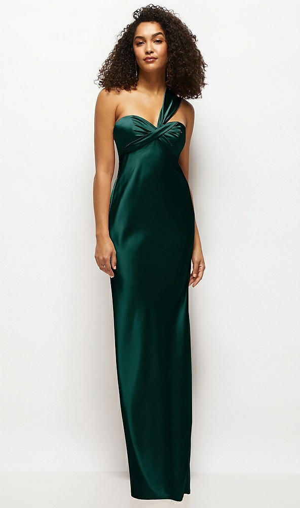 Front View - Evergreen Satin Twist Bandeau One-Shoulder Bias Maxi Dress
