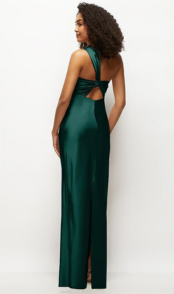 Back View - Evergreen Satin Twist Bandeau One-Shoulder Bias Maxi Dress