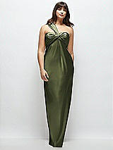 Alt View 1 Thumbnail - Olive Green Satin Twist Bandeau One-Shoulder Bias Maxi Dress