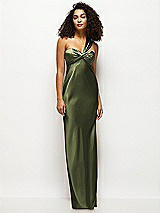 Front View Thumbnail - Olive Green Satin Twist Bandeau One-Shoulder Bias Maxi Dress