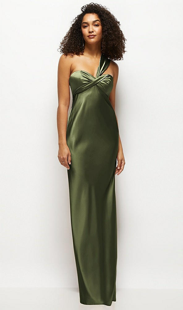 Front View - Olive Green Satin Twist Bandeau One-Shoulder Bias Maxi Dress