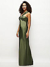Side View Thumbnail - Olive Green Satin Twist Bandeau One-Shoulder Bias Maxi Dress