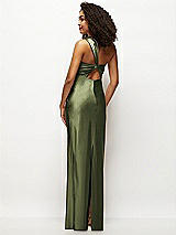 Rear View Thumbnail - Olive Green Satin Twist Bandeau One-Shoulder Bias Maxi Dress