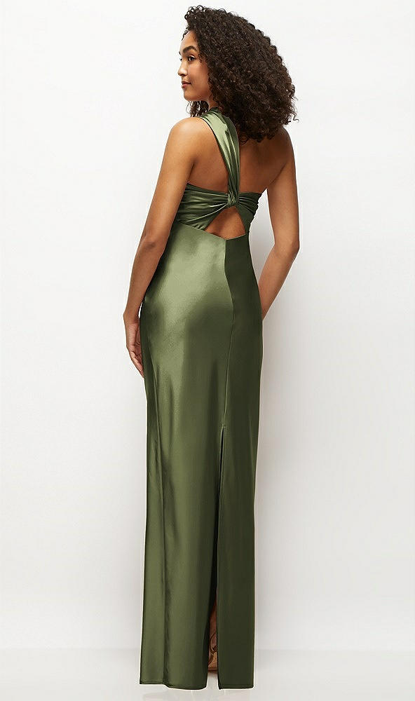 Back View - Olive Green Satin Twist Bandeau One-Shoulder Bias Maxi Dress