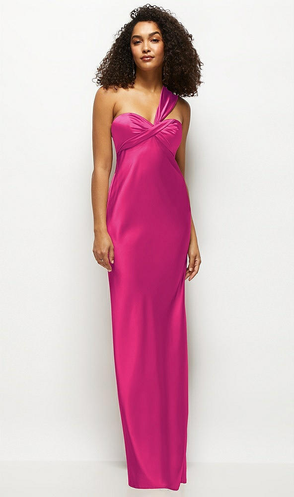 Front View - Think Pink Satin Twist Bandeau One-Shoulder Bias Maxi Dress
