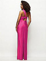 Rear View Thumbnail - Think Pink Satin Twist Bandeau One-Shoulder Bias Maxi Dress