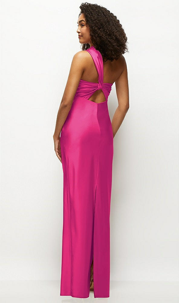 Back View - Think Pink Satin Twist Bandeau One-Shoulder Bias Maxi Dress