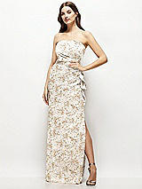 Front View Thumbnail - Golden Hour Strapless Draped Skirt Floral Satin Maxi Dress with Cascade Ruffle