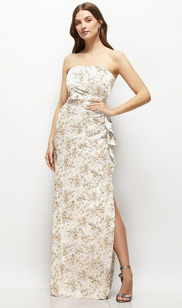 Front View - Golden Hour Strapless Draped Skirt Floral Satin Maxi Dress with Cascade Ruffle