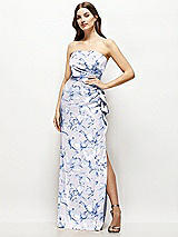 Front View Thumbnail - Magnolia Sky Strapless Draped Skirt Floral Satin Maxi Dress with Cascade Ruffle