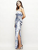 Side View Thumbnail - Magnolia Sky Strapless Draped Skirt Floral Satin Maxi Dress with Cascade Ruffle