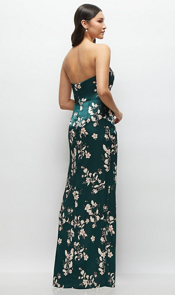 Back View - Vintage Primrose Strapless Draped Skirt Floral Satin Maxi Dress with Cascade Ruffle