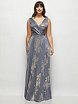 Front View Thumbnail - French Blue Gold Foil Draped V-Neck Gold Floral Metallic Pleated Maxi Dress