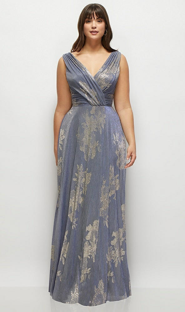 Front View - French Blue Gold Foil Draped V-Neck Gold Floral Metallic Pleated Maxi Dress