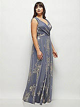 Side View Thumbnail - French Blue Gold Foil Draped V-Neck Gold Floral Metallic Pleated Maxi Dress