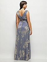 Rear View Thumbnail - French Blue Gold Foil Draped V-Neck Gold Floral Metallic Pleated Maxi Dress