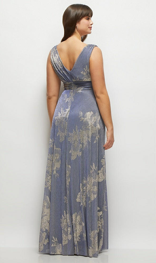 Back View - French Blue Gold Foil Draped V-Neck Gold Floral Metallic Pleated Maxi Dress