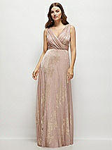 Front View Thumbnail - Pink Gold Foil Draped V-Neck Gold Floral Metallic Pleated Maxi Dress