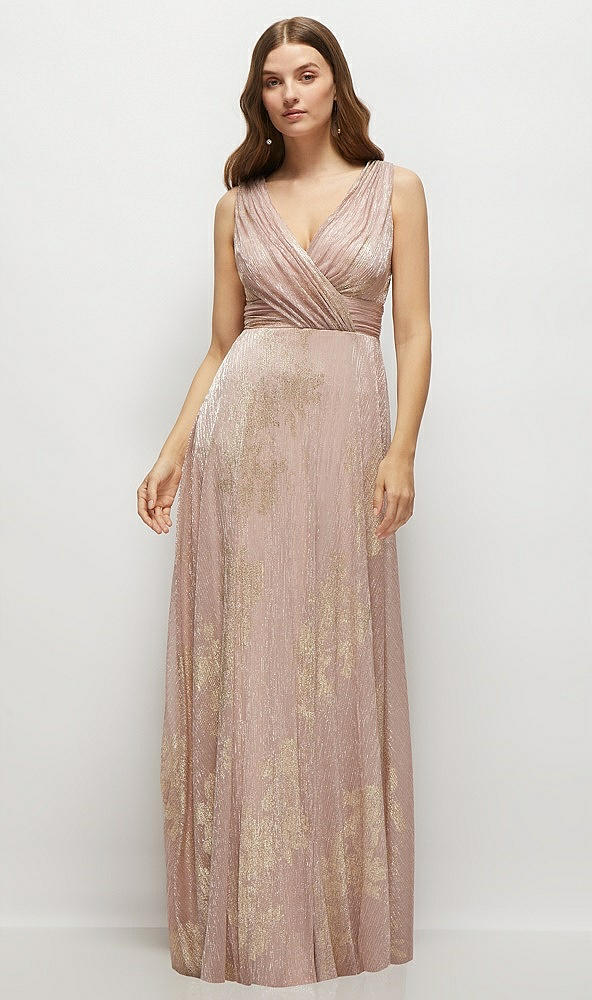 Front View - Pink Gold Foil Draped V-Neck Gold Floral Metallic Pleated Maxi Dress