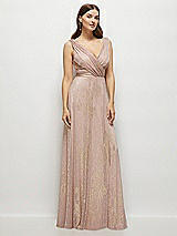 Side View Thumbnail - Pink Gold Foil Draped V-Neck Gold Floral Metallic Pleated Maxi Dress