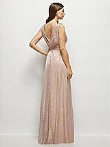 Rear View Thumbnail - Pink Gold Foil Draped V-Neck Gold Floral Metallic Pleated Maxi Dress