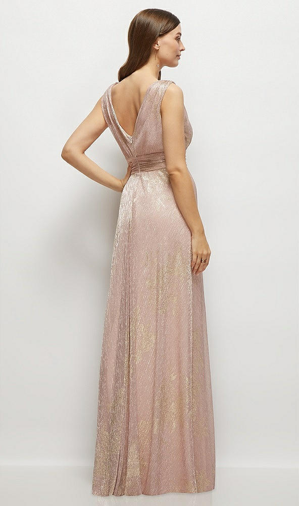 Back View - Pink Gold Foil Draped V-Neck Gold Floral Metallic Pleated Maxi Dress