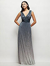 Front View Thumbnail - Cosmic Blue Draped V-Neck Ombre Pleated Metallic Maxi Dress with Deep V-Back