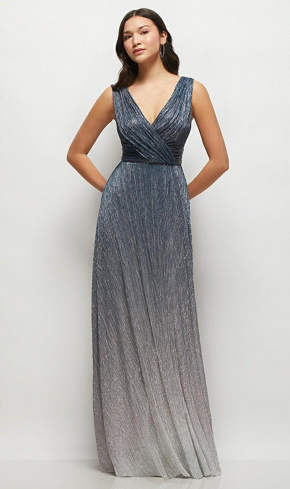 Front View - Cosmic Blue Draped V-Neck Ombre Pleated Metallic Maxi Dress with Deep V-Back
