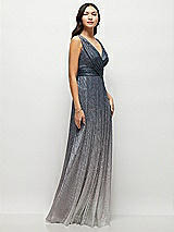 Side View Thumbnail - Cosmic Blue Draped V-Neck Ombre Pleated Metallic Maxi Dress with Deep V-Back