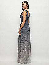 Rear View Thumbnail - Cosmic Blue Draped V-Neck Ombre Pleated Metallic Maxi Dress with Deep V-Back