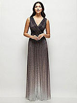 Front View Thumbnail - Plum Noir Draped V-Neck Ombre Pleated Metallic Maxi Dress with Deep V-Back