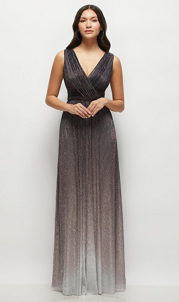 Front View - Plum Noir Draped V-Neck Ombre Pleated Metallic Maxi Dress with Deep V-Back