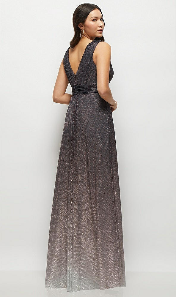 Back View - Plum Noir Draped V-Neck Ombre Pleated Metallic Maxi Dress with Deep V-Back