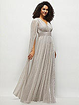Side View Thumbnail - Metallic Taupe Streamer Sleeve Pleated Metallic Maxi Dress with Full Skirt