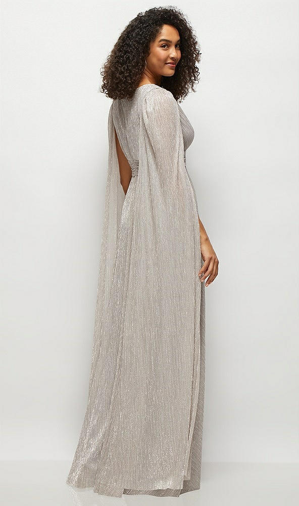 Back View - Metallic Taupe Streamer Sleeve Pleated Metallic Maxi Dress with Full Skirt