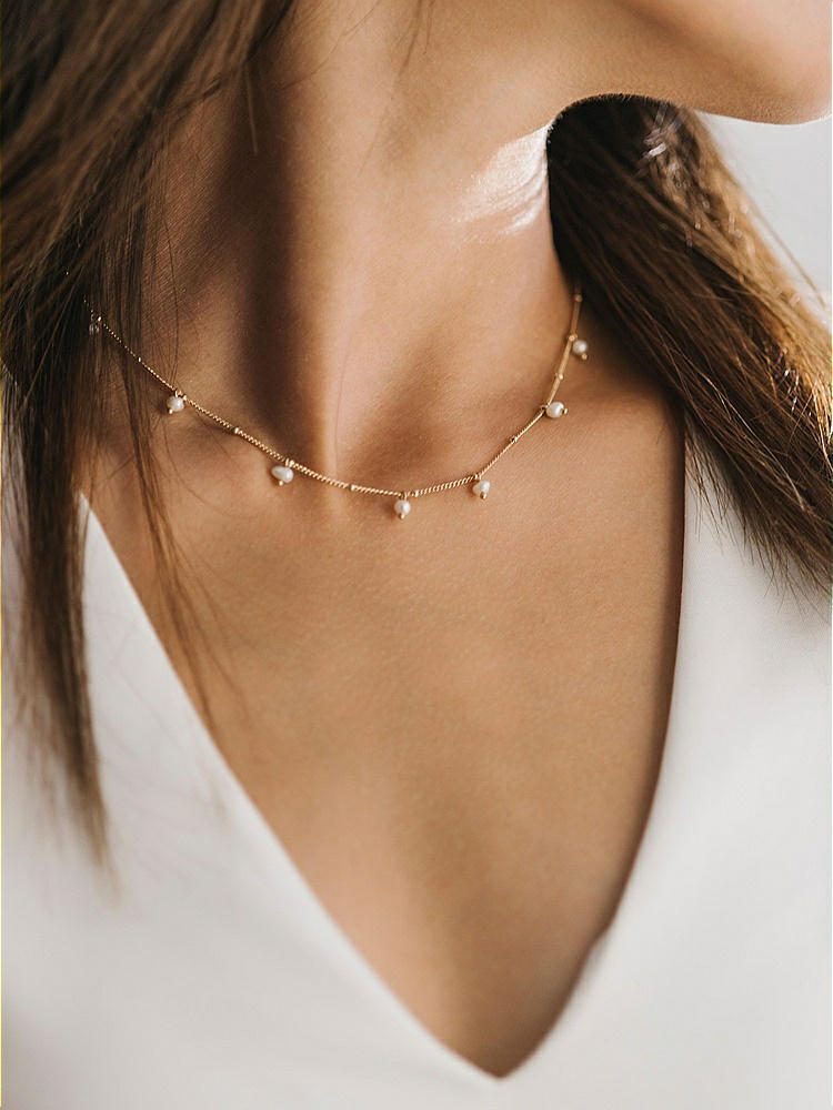 Front View - Natural Pearl Dotted Gold Necklace