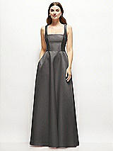 Front View Thumbnail - Caviar Gray Square-Neck Satin Maxi Dress with Full Skirt