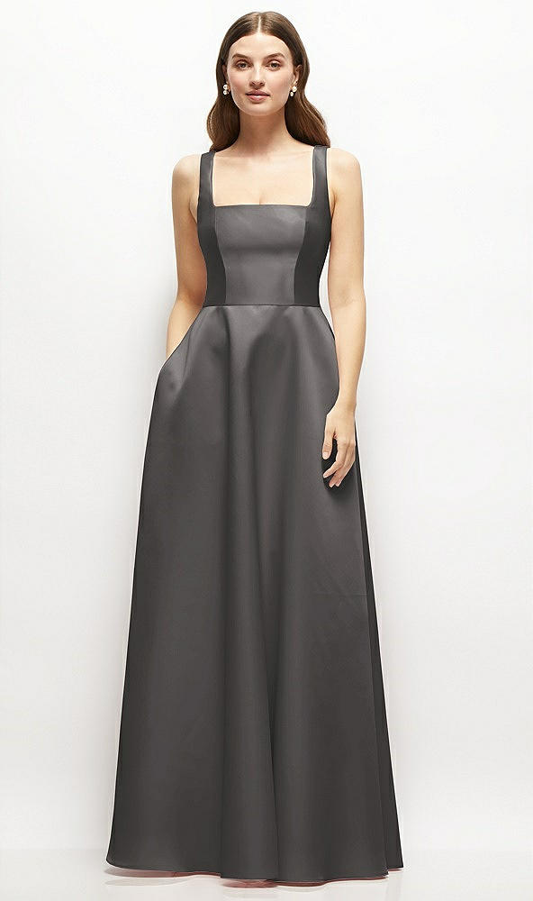 Front View - Caviar Gray Square-Neck Satin Maxi Dress with Full Skirt