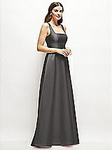 Side View Thumbnail - Caviar Gray Square-Neck Satin Maxi Dress with Full Skirt