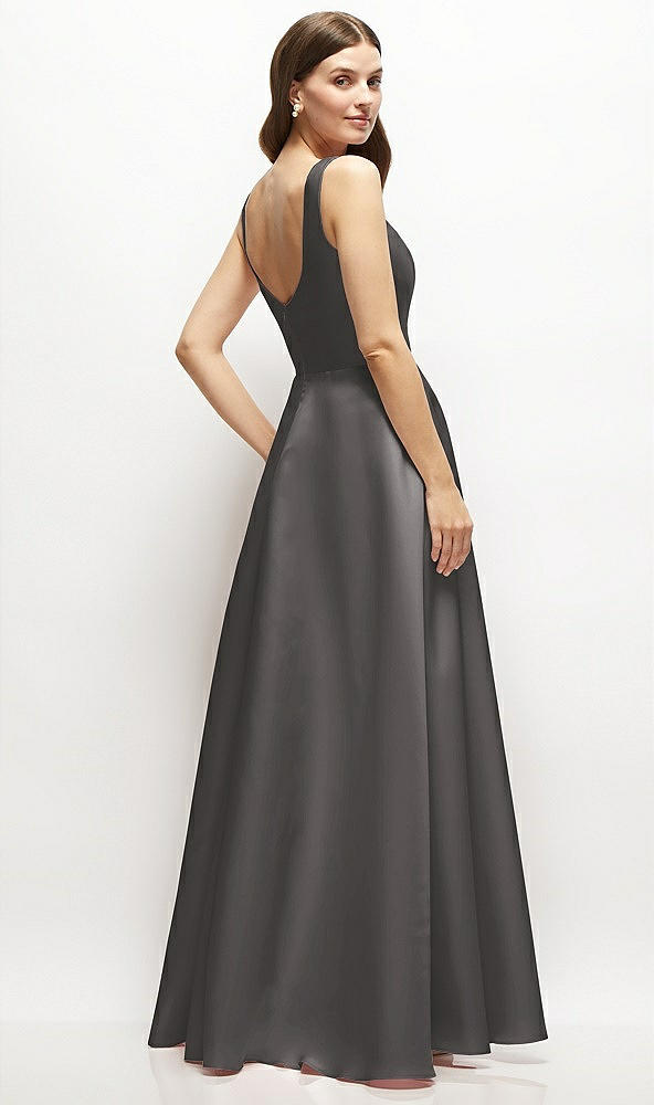 Back View - Caviar Gray Square-Neck Satin Maxi Dress with Full Skirt