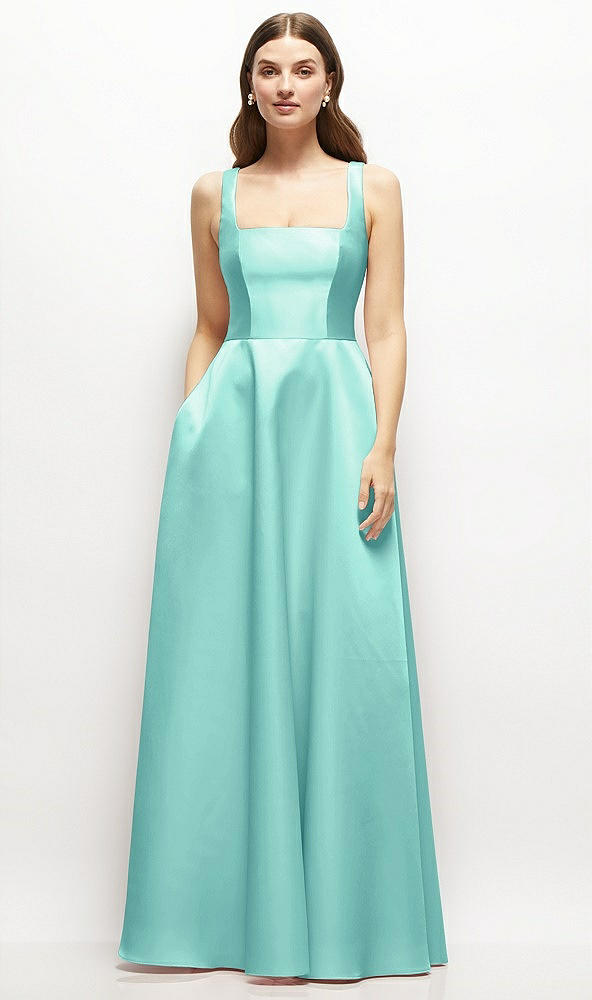 Front View - Coastal Square-Neck Satin Maxi Dress with Full Skirt
