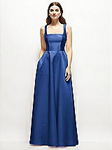 Front View Thumbnail - Classic Blue Square-Neck Satin Maxi Dress with Full Skirt