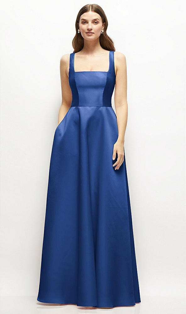 Front View - Classic Blue Square-Neck Satin Maxi Dress with Full Skirt
