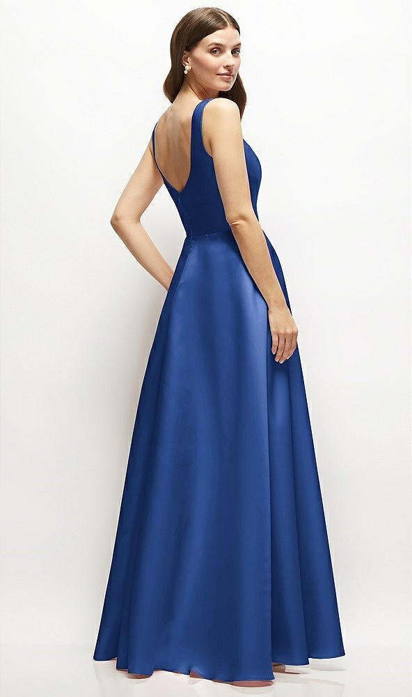 Back View - Classic Blue Square-Neck Satin Maxi Dress with Full Skirt
